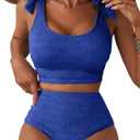 Herseas Women 2 Piece High Waisted Bikini Sets Seashell Textured Tie Strap Swimsuits Bathing Suit Beach Summer Outfits (Large, Bright Blue)