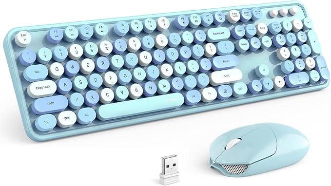Wireless Keyboard and Mouse Combo, Retro Typewriter Keyboard with Round Keycaps, 2.4GHz USB Cute Wireless Keyboard Mouse for Computer, Desktop, Laptop (Blue Colorful)