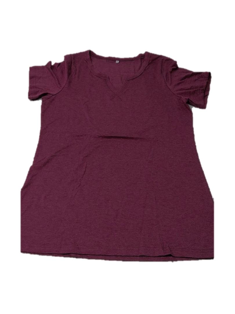 Cotton/ Lycra V-Neck T Shirt With Cuff Sleeves - L,Burgundy