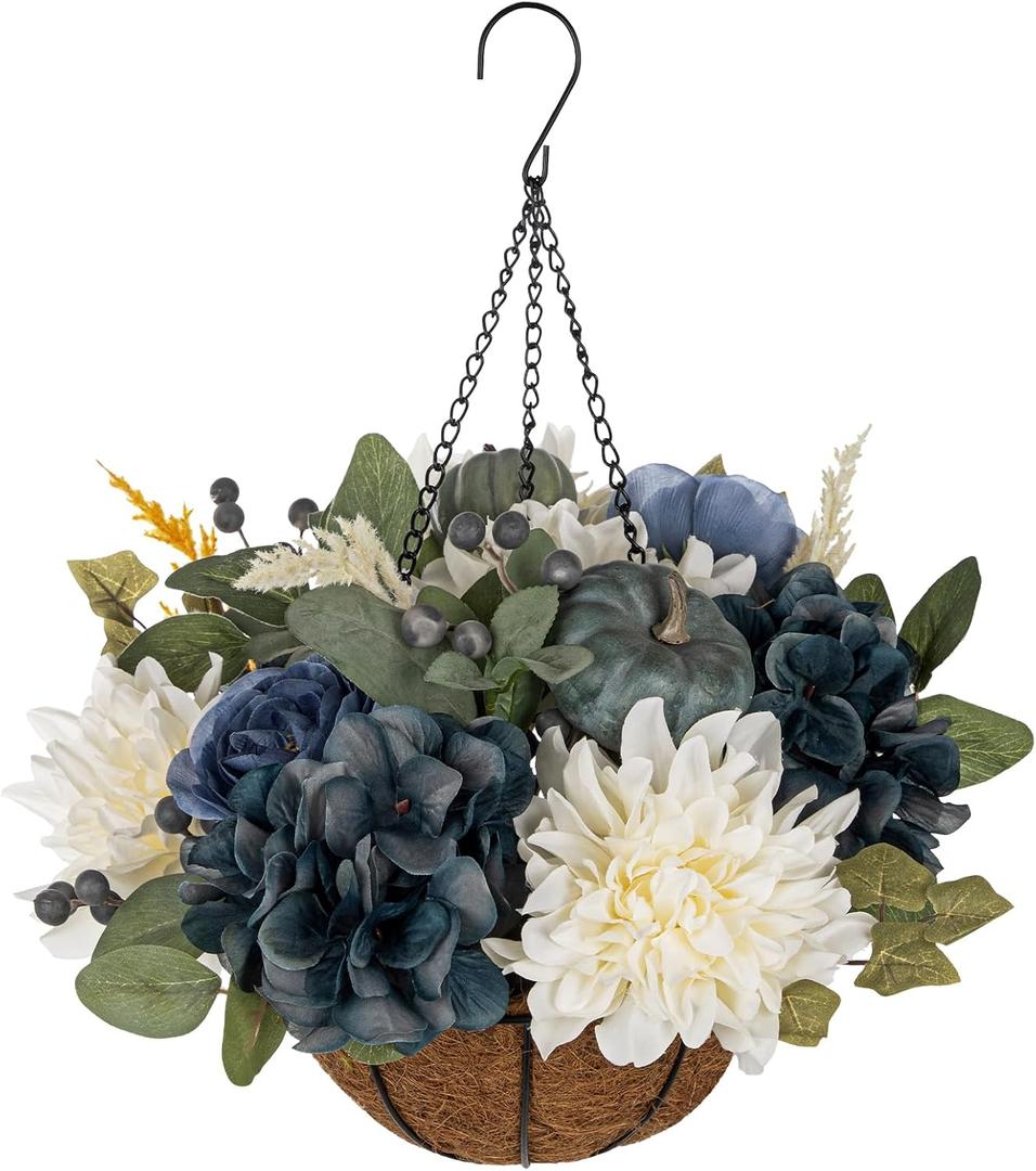 Hollyone 13" Fall Hanging Baskets Medium Pumpkins Hydrangea Dahlia Artificial Flowers Fall Hanging Decor Fake Flower Blue White Faux Plants Indoor Outdoor Porch Garden Autumn Decorations for Home