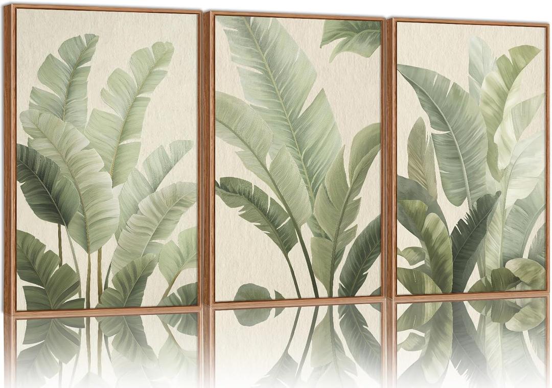 Rantodecor Sage Green Framed Canvas Wall Art, Minimalist Tropical Leaf Wall Decor, Boho Beige Nature Leaf Art Paintings, Bohemian Triple Panel Plant Artwork for Bedroom Living Room Office 16"x24"x3