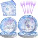 Grencian 96Pcs Frozen Party Supplies Plates Winter Onderland 4th Birthday Plates Winter Snowflake Happy 4th Birthday Tableware Disposable for Kids Girls Frozen Themed Party Christmas
