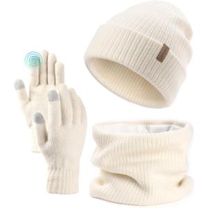 FURTALK Womens Winter Hat Scarf Gloves Set Knitted Thick Beanie Touchscreen Gloves Neck Warmer for Men Women (Beige)