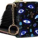 Credit Card Holder RFID Wallet, Small Card Holder Wallet for Women with Keychain Zipper, Funny Leather Print Credit Card Wallets Accordion Gift (Evil Eye)