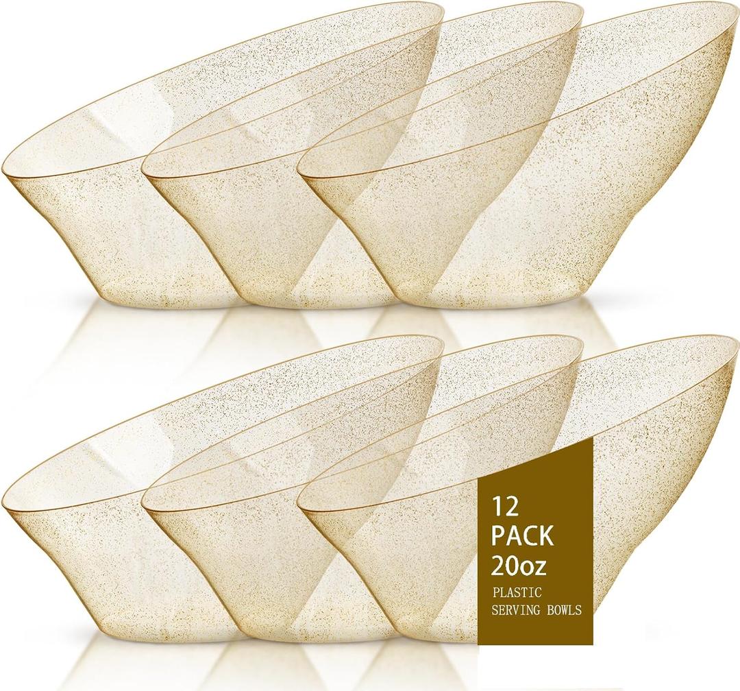 bUCLA 12 Pack Gold Glitter Plastic Serving Bowls - 20 OZ Disposable Snack, Fruit, Chip, Candy Angled Serving Bowls for Party & Thanksgiving