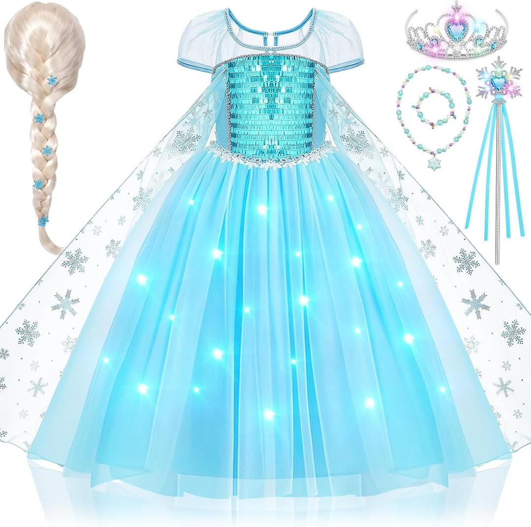 G.C Girls Light Up Princess Dress Costume with Cape Kids Wig Crown Toys Toddler Princess Dress Up Outfit Halloween Gifts (120,4-5 Years)