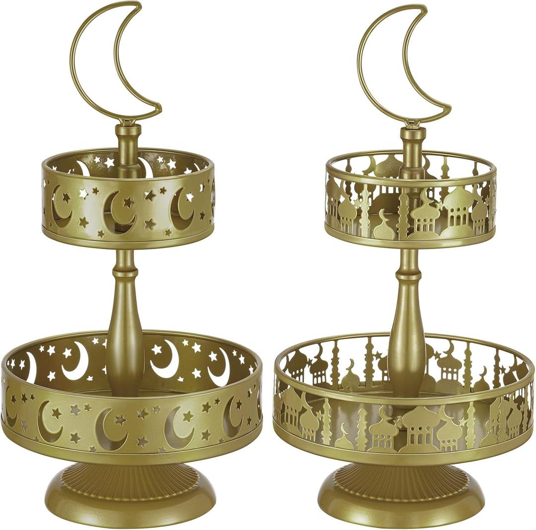2 Pieces Eid Metal Tray Decorations Mubarak Cake Stand Golden Decorative Trays Ramadan Cupcake Holder Double Layer Cookie Tray Rack Dessert Display Plate for Eid Mubarak Party Supplies