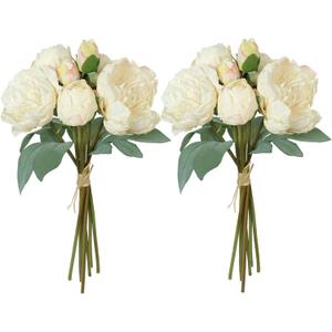 TOCHGREEN Artificial Peonies Silk Flowers 2 Bouquets Vintage Fake Peonies 14pcs Heads Faux Peony Flowers with Stems for Home Wedding Table Decoration Bridal Bouquet Floral Arrangement (White, 2PCS)