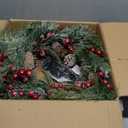 Timer-20 Inch Flocked Christmas Wreaths for Front Door, Lighted Christmas Wreath with 30 LED Warm White Lights, Real Touch Cedar Wreath Cypress Pinecone Red Berry Xmas Wreath Decor Home Outdoor Indoor