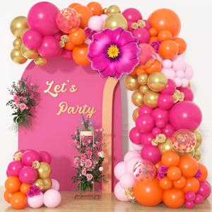 Ouddy Life 175Pcs Hot Pink and Orange Balloons Arch Garland Kit, Pink and Orange Party Decorations with Gold Balloons Foil Flowers for Women Wedding Bridal Tropical Bachelorette Birthday Decor, Large