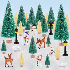 PLULON 33Pcs Christmas Village Accessories for Crafts Mini Christmas Trees Xmas Figurines Ornaments Bottle Brush Trees Snowman Deer Micro Landscape for Winter Holiday Home Party Decorations