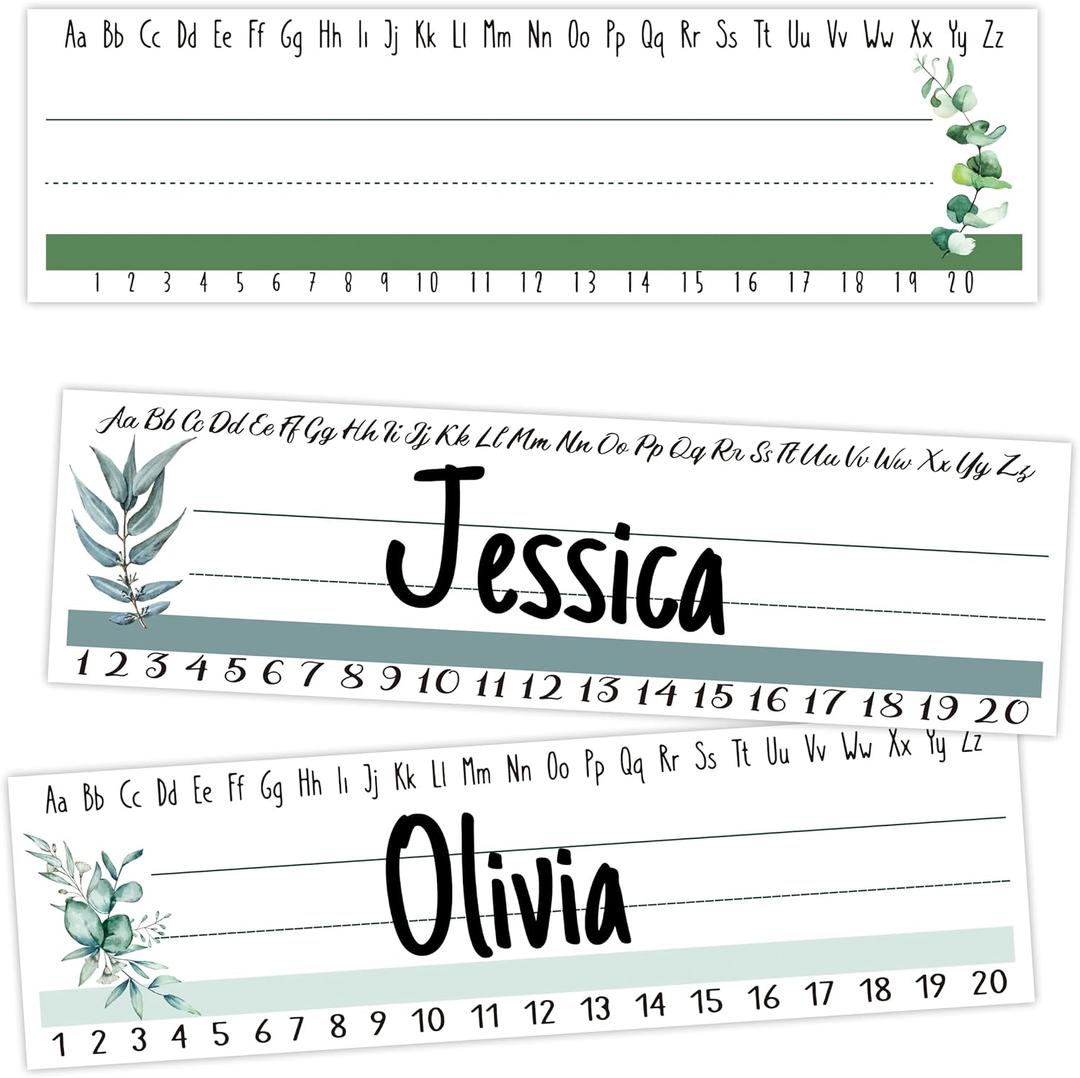 Desk Name Tags for Classroom - Green Plants Student Desk Name Plates for Classroom Decor, Self Adhesive Nametags Cubby Labels Teacher Supplies, Kindergarten Preschool Must Haves - A02