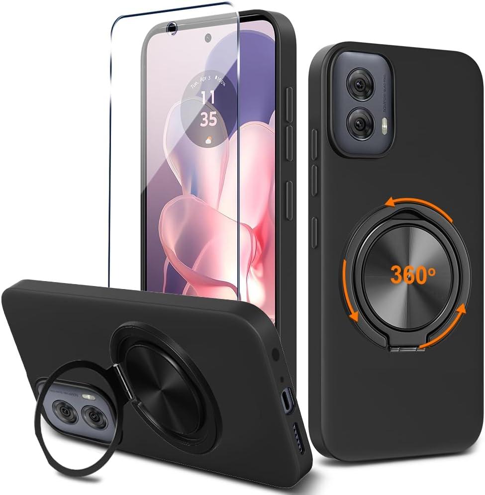 Compatible for Motorola Moto G Power 5G 2024 Phone Case with Glass Screen Protector, 360 Rotatable Ring Holder Kickstand Silicone Shockproof Protective Cover Case for Moto G Power 5G 2024 - Black