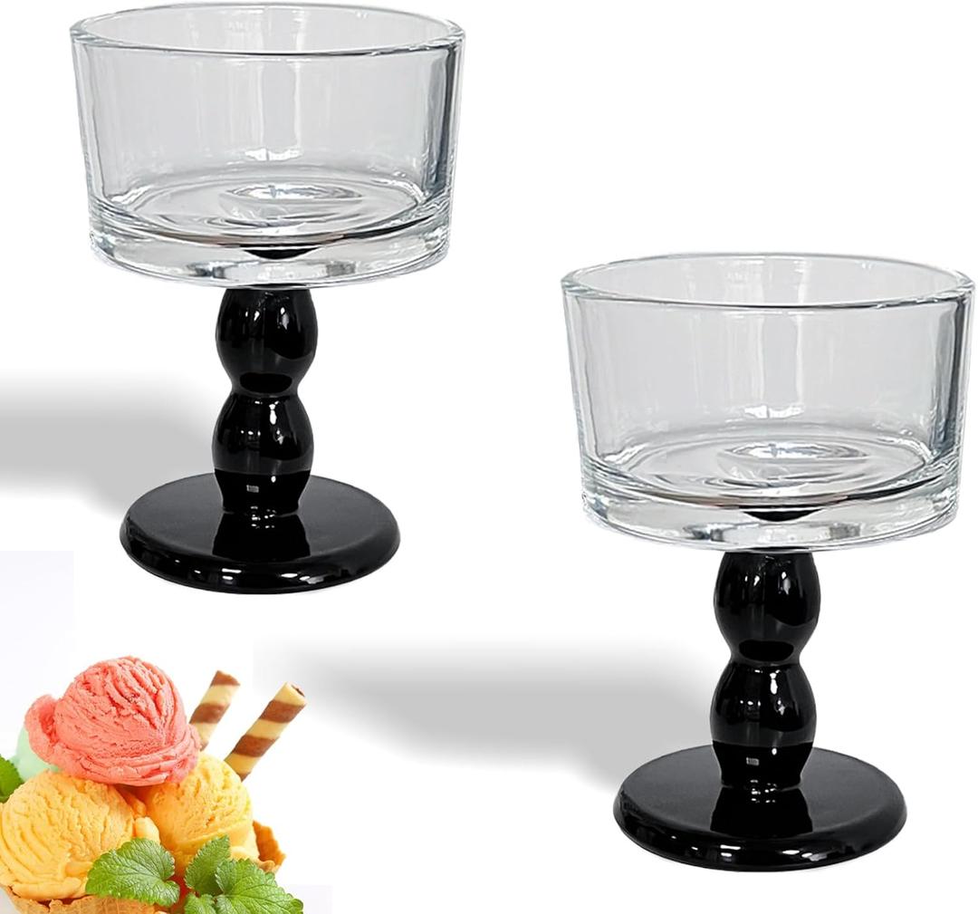Set of 2 Vintage Embossed Footed Glass Dessert Bowls  Elegant and Durable Serveware for Ice Cream, Trifle, Salad, Candy, and Cake, Perfect for Home, Parties, and Weddings (Black)
