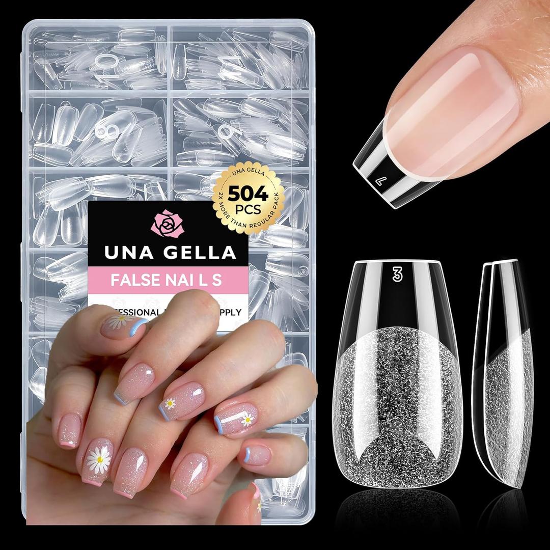 Una Gella Short Coffin Nails Tips, 504pcs No c Curve short Coffin Gel Press On Nails Pre Etched For Women Acrylic Nail Extension Full Cover Home Salon 12 Sizes