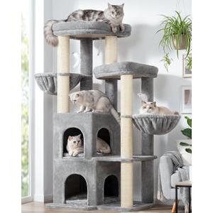 Globlazer Cat Tree Tower for Indoor Cats, Sturdy Adult Cat Tree House for Large Adult Cats with 2 Platform, 6 Cat Scratching Post, 2 Cat Caves, Dangling Toys, S63, 63 inch, Light Grey
