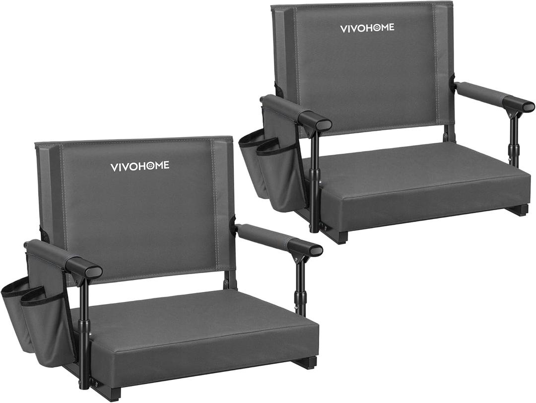 VIVOHOME Stadium Seats with Back Support and Cushion, 2 Pack Portable Bleacher Chairs with Cup Holder and Shoulder Strap (Grey)