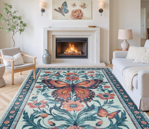 Uphome Butterfly Washable Rugs 8x10, Green Boho Living Room Rug, Non-Slip Soft Neutral Bedroom Rug, Modern Floral Non-Shedding Accent Rug for Dining Room Office Kids Playroom