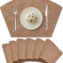 Placemats for Round Table Set of 6, Faux Leather Wedge Shaped Place Mats for Dining Table, Heat Resistant Washable Wipeable Table Mats Reversible, Camel