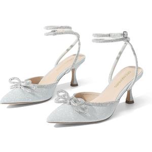 DREAM PAIRS Kitten Heels Rhinestone Bow Ankle Strap Stiletto Pointed Closed Toe Heels for Women Pumps Wedding Bridal Party Dress Shoes (8, Silver)