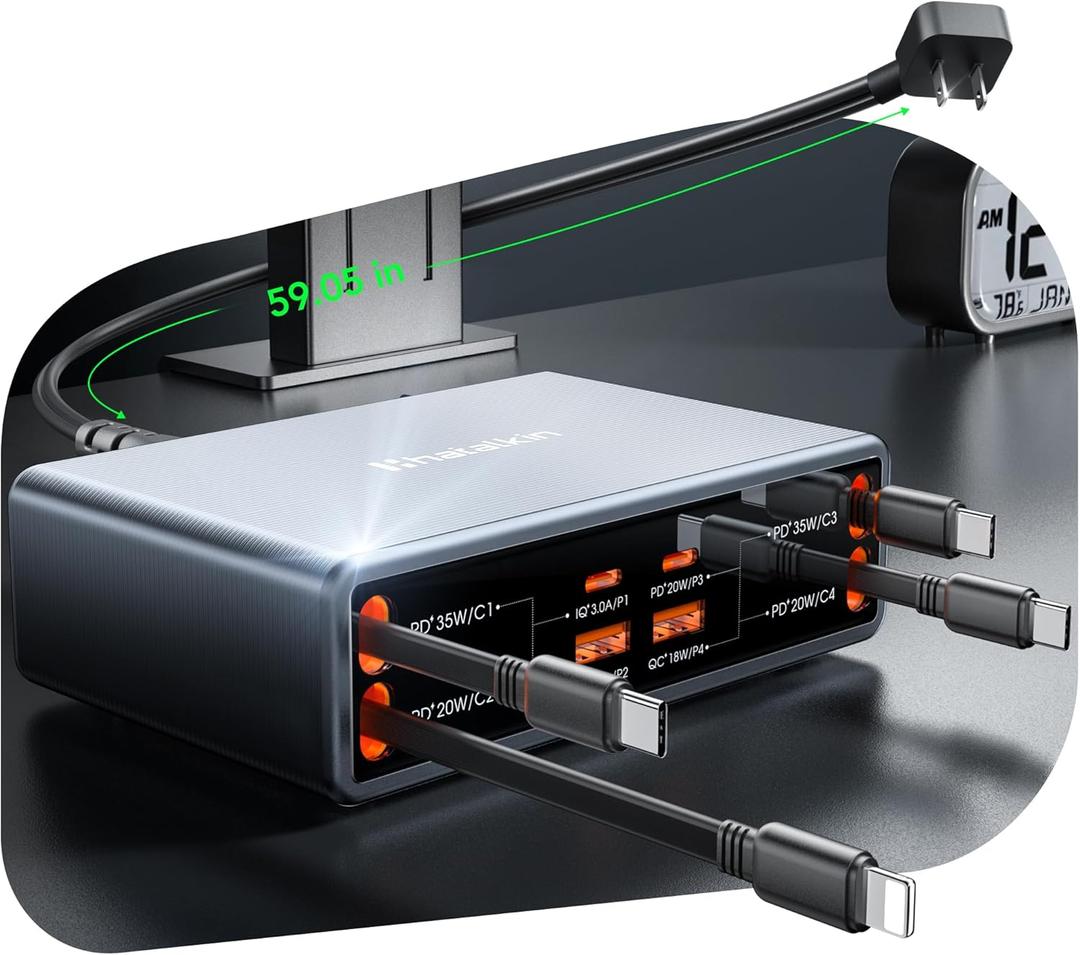 8-in-1 Retractable Charger for Apple Samsung Multiple Devices, Charging Station 105W USB c Gan Usbc Hub, Fast Charger Wall Plug for iPhone 17/ 16/ 15, Galaxy S26, Pixel, iPad, Home Office, Desktop Accessories