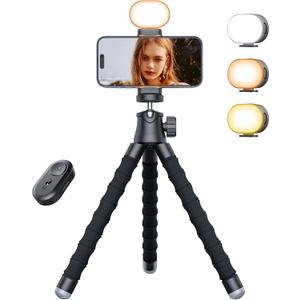 Phone Tripod with Light, Portable and Flexible Phone Stand for Video Recording with Wireless Remote, 360 Rotating Tabletop & Travel Tripods for iPhone, Smartphones, Camera