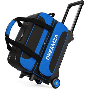 2 Ball Bowling Bag with Wheels, Double Bowling Ball Bag 2 Ball Roller w/Separate Compartment for Shoes Up to US Mens Size 16, w/Retractable Handle Extends to 40" & Accessories Pocket