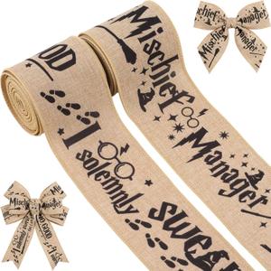 Wizard Magic Wired Burlap Ribbon 2.5" x 10 Yards, 2 Rolls Vintage Text Print 'I Solemnly Swear' Theme for Christmas Gift Wrapping Wreath Bow Making DIY Crafts Tree Decor