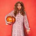 7 Pcs Halloween Women Scary Costume Set, Pink Floral Dress, Brown Wig, Bloody Knife, Horror Stickers Cosplay Outfit (L)