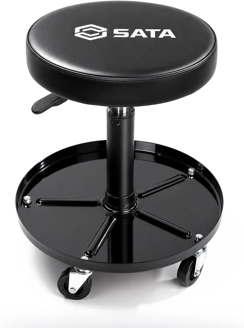 SATA Adjustable Rolling Shop Stool with Wheels, Heavy Duty 300 lbs Capacity Mechanics Chair, Rolling Garage Stool for Seated Work, 385mm Seat, 390mm Height