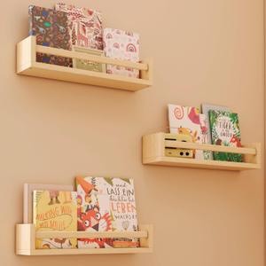 Floating Shelf Set of 2, Floating Book Shelves for Kids Room,Nursery Shelves,Bookshelf, Display Shelf Organizer for Bathroom, Bedroom, Living Room, Kitchen, Office,Nature Solid Wood