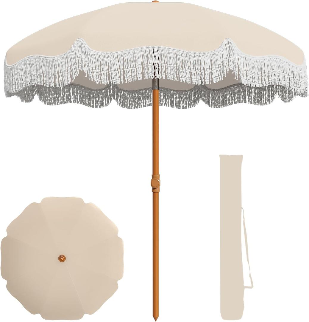 AreShark 7ft Patio Umbrella with Fringe, UPF50+ Beach Umbrella for Table, Pool & Garden, Portable Outdoor Tassels Umbrella w/Fiberglass Ribs&Push Bottom Tilt(Ivory)