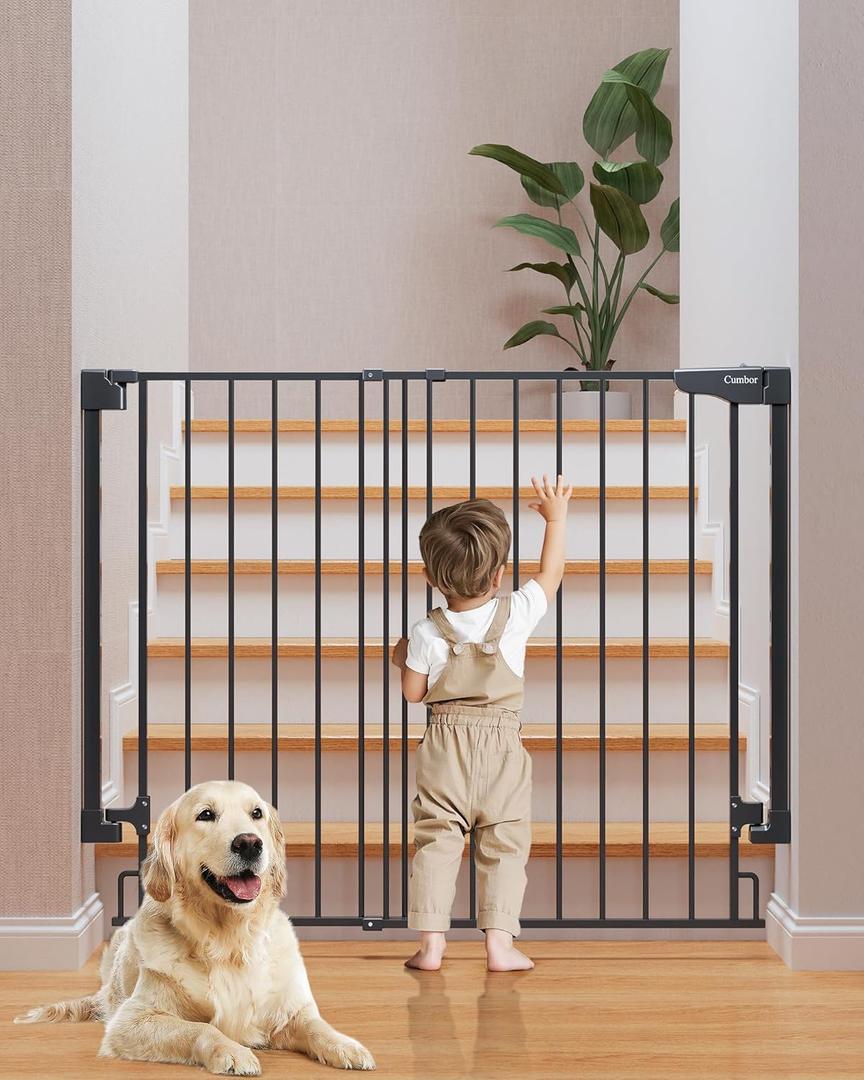 Cumbor 34" Extra Tall No Bottom Bar Baby Gate for Stairs, Auto Close Dog Gate Indoor for Larger Pets, 27.6-43" Hardware Mounted Safety Gate for Doorways, Wide Walk Thru Door for Easy Access (Black) 