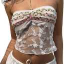 SweatyRocks Women's Floral Embroidery Mesh Strapless Tube Top Sleeveless Crop Tops (White, S)