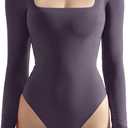 SUUKSESS Women Square Neck Long Sleeve Bodysuit Sexy Thong Bodysuit Shirts, Size XL (Taro Purple)