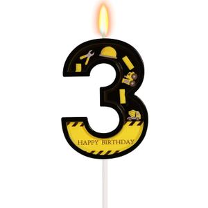 Construction Birthday Candles for Cake - Number 3 Candle Birthday Boy Construction Party Decorations Black and Yellow Caution Tape Party Decorations