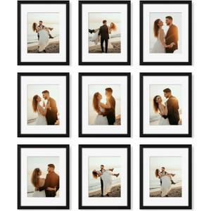 11x14 Picture Frame Set of 9, Photo Gallery Wall Frame Set, Display Pictures 8x10 with Mat or 11 x 14 Without Mat, Multi Photo Frames for Wall Mounting or Table Top Display, Black