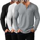 3 Pack Men's Waffle Henley Long Sleeve Thermal Shirts, Lightweight Casual Undershirts Pullover Tops with Pockets (Large, Black, White, Gray)