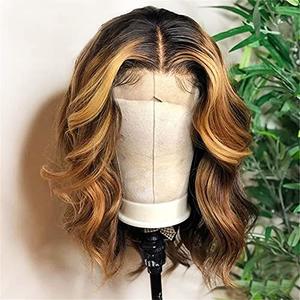ANDRIA Short Wig Ombre Highlight Brown Colorful Wavy Lace Front Wig Women Natural Loose Wave Wigs Synthetic Heat Resistant Fiber Hair Glueless Lace Wigs with Baby Hair 16 Inches