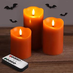 Burnt Orange Flameless Pillar Candles with Remote, Halloween Fall LED Candles Battery Operated, Real Wax Electric Candles Flickering Set of 3