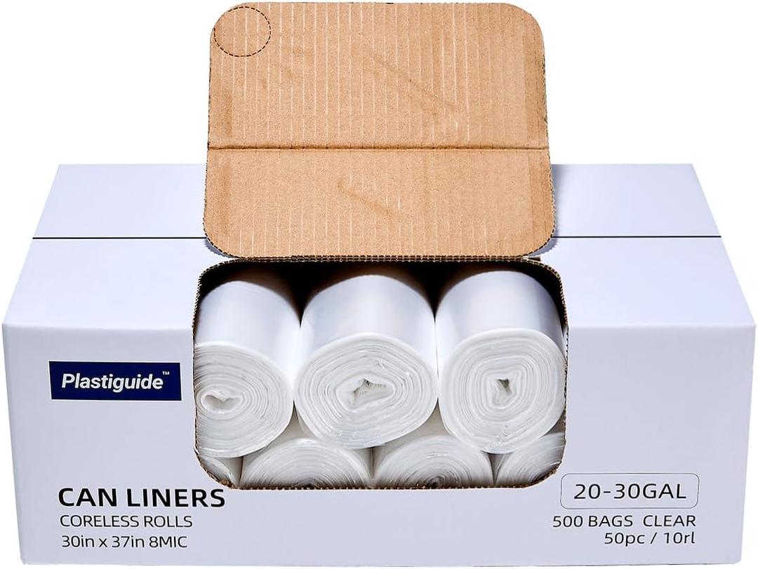 20-30 Gallon Trash Can Liners, 500 Count High Density Garbage Bags, 30'' x 37'', Clear, for Outdoor, Bathroom, Office, Recycling, Janitoria, Commercial and Industrial Use