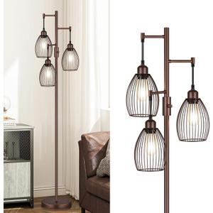 Torondo Dimmable Farmhouse Industrial Floor Lamp, Matte Brown Tree Standing Tall Lamps with 3 Elegant Teardrop Cage Head & 800 Lumens LED Edison Bulbs for Living Room Bedroom Office Dining Room