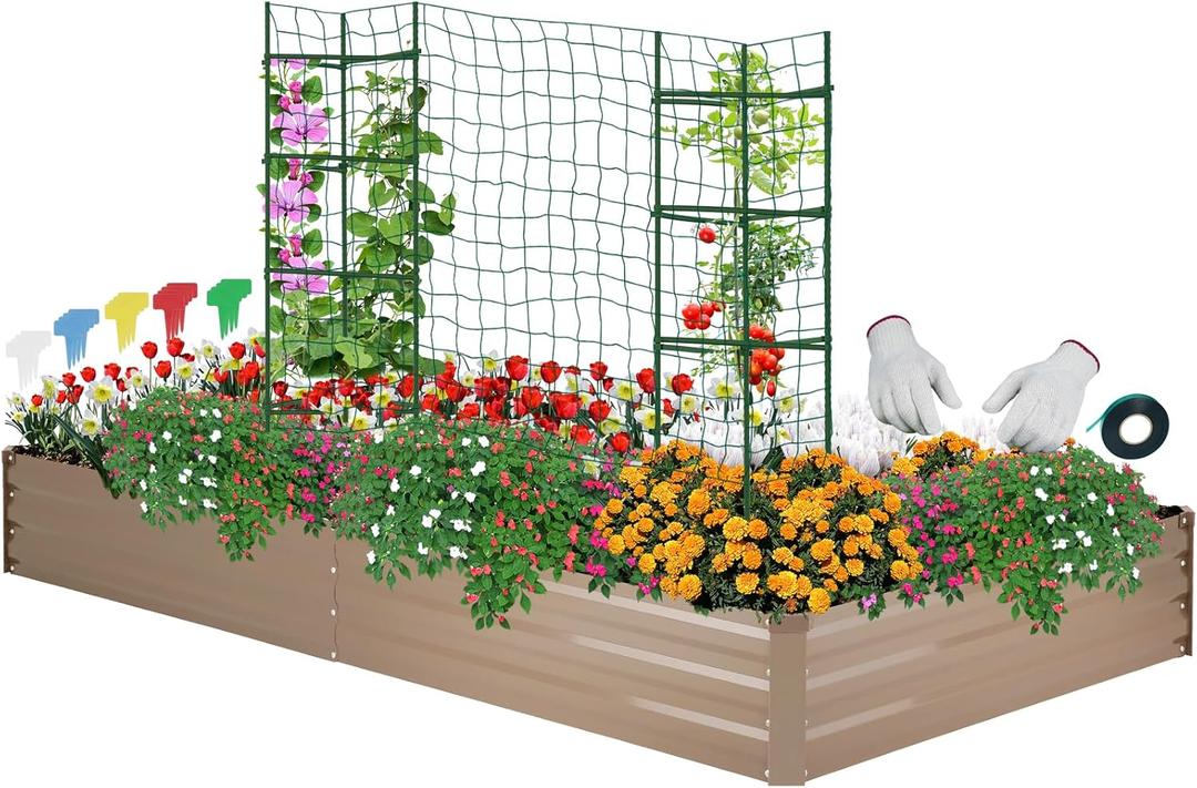 ONCEMORE Galvanized Raised Garden Bed for Vegetables Flowers Herbs, Metal Raised Garden Bed Kit with 2 PCS Tomato Cage, Gloves, Trellis Netting, Plant Labels, Plant Ties, Brown 841FT