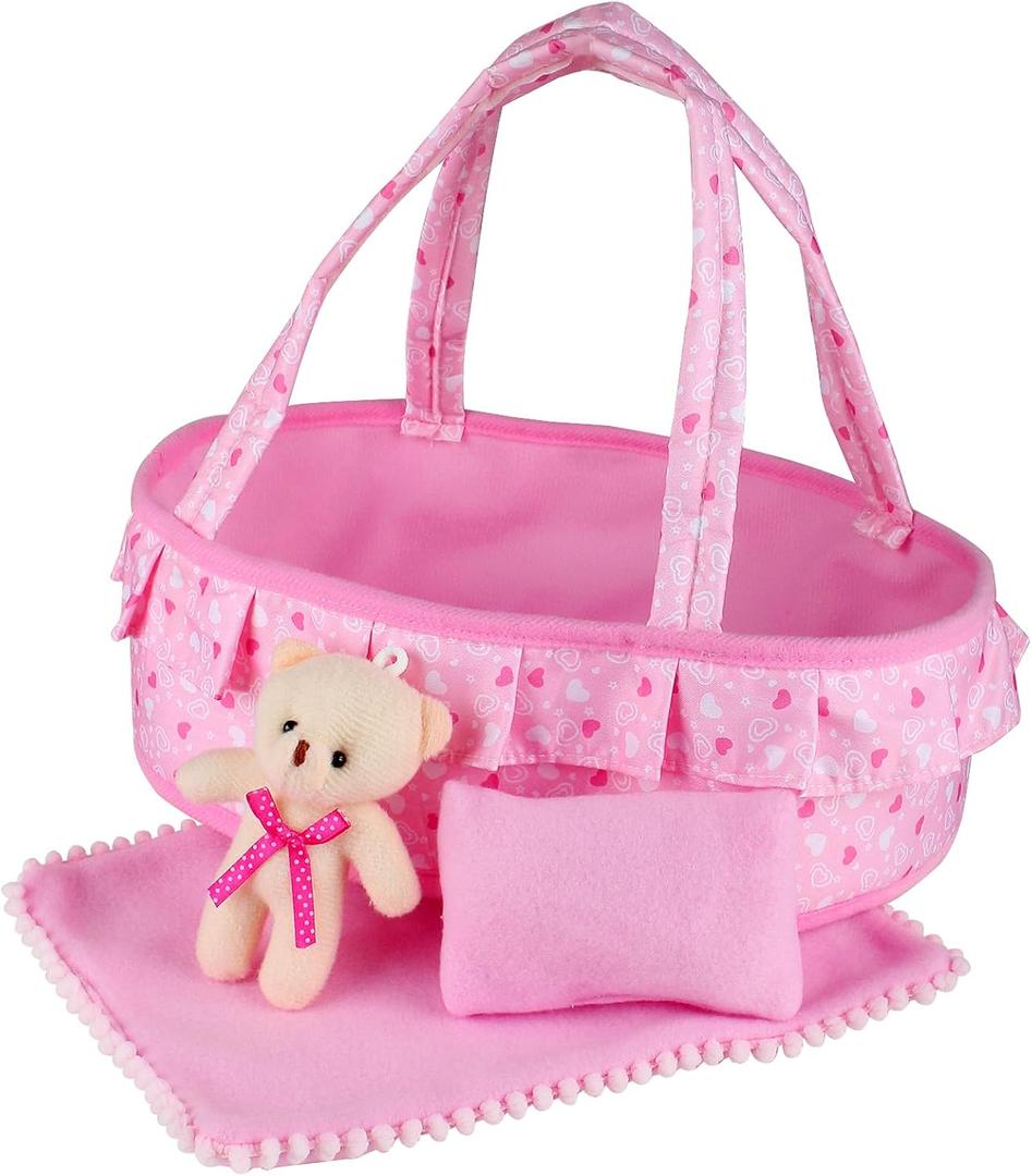 Baby Doll Cradle Bassinet Portable Doll Carrier Carry Bag Doll,Baby Doll Accessories Playset,Soft Pillow Quilt Bear,for 8-9-10-11-12 Inch Smaller Alive Baby Doll,Pretend Play Toy (Heart Pattern)