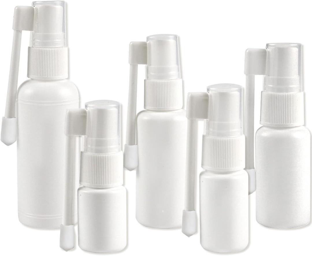 5Pcs White Plastic Empty Portable Nasal Spray Bottle -5 Sizes, 360 Rotation Atomizer Refillable Saline Water Cosmetic Perfume Storage Container for Travel & Home Use