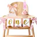 First Birthday Decorations for Girl - Pink Bow Complete Party Set with High Chair Banner, 1st Birthday Candle, Party Hat (Glitter One)