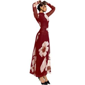 Verdusa Women's Floral Wedding Guest Dress Long Sleeve Mesh Maxi Dresses (Red, M)