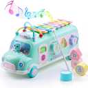 Baby School Bus Xylophone Toy for Toddlers 1-3, 5-in-1 Montessori Musical Bus Toys Gifts for 1 Year Old Baby Girl, Shape Sort Toys Knocking Xylophone Educational Instruments Birthday Gift Boy Girl