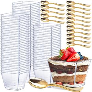 Dingion 400 Pcs 4 oz Plastic Dessert Cup with Spoon Set - 200 Square Mousses Cup & 200 Gold Glitter Tasting Spoons for Parfait Appetizer Ice Cream Wedding Party Catering