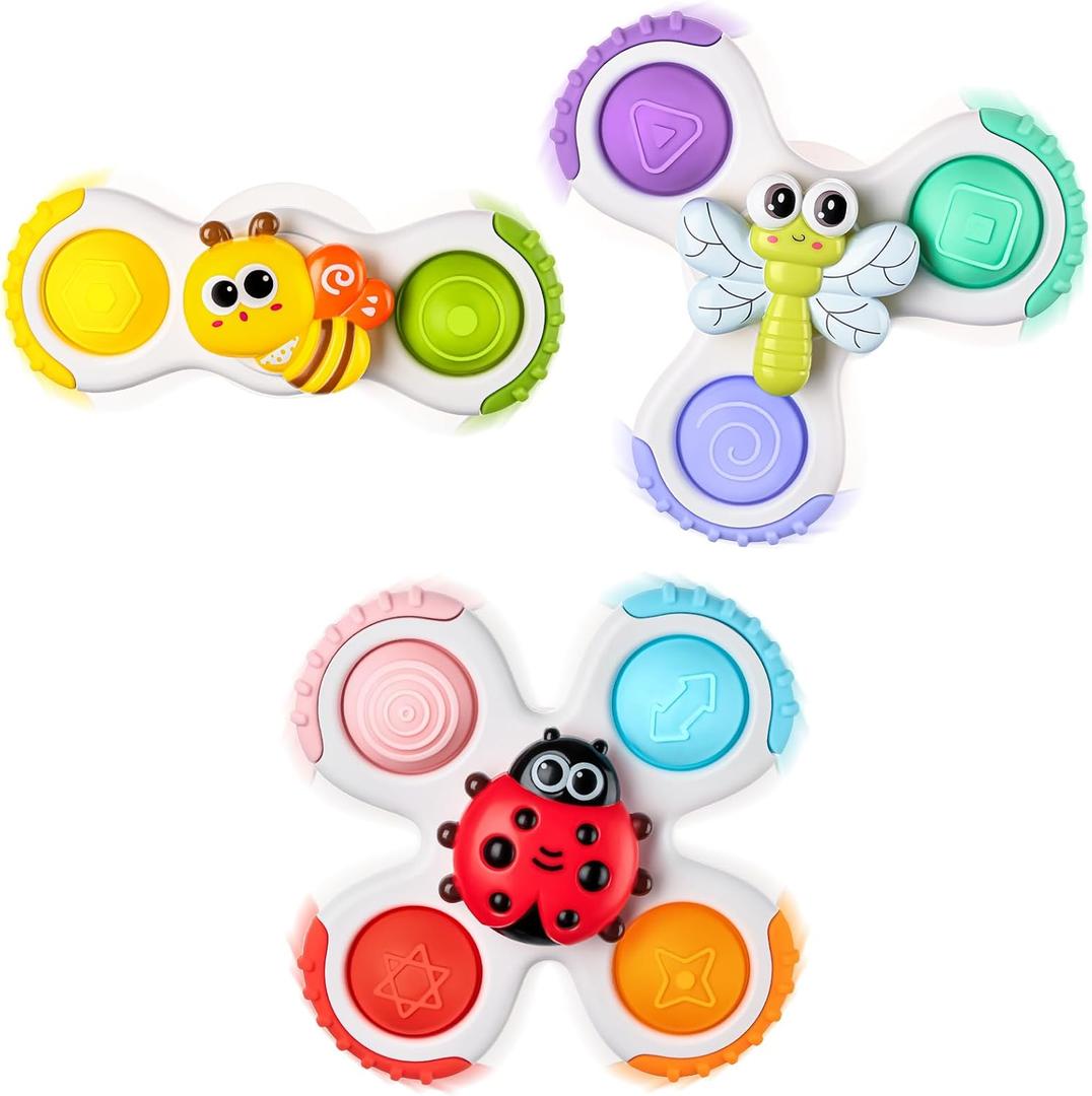 ALASOU 3PCS Pop Suction Cup Spinner Sensory Airplane Travel Toys for 1 2 Year Old Boy Girl Birthday Gift|Novelty Spinning Tops Easter Basket Stuffers for Toddlers Infant|Baby Bath Toy Kids Ages 1-3